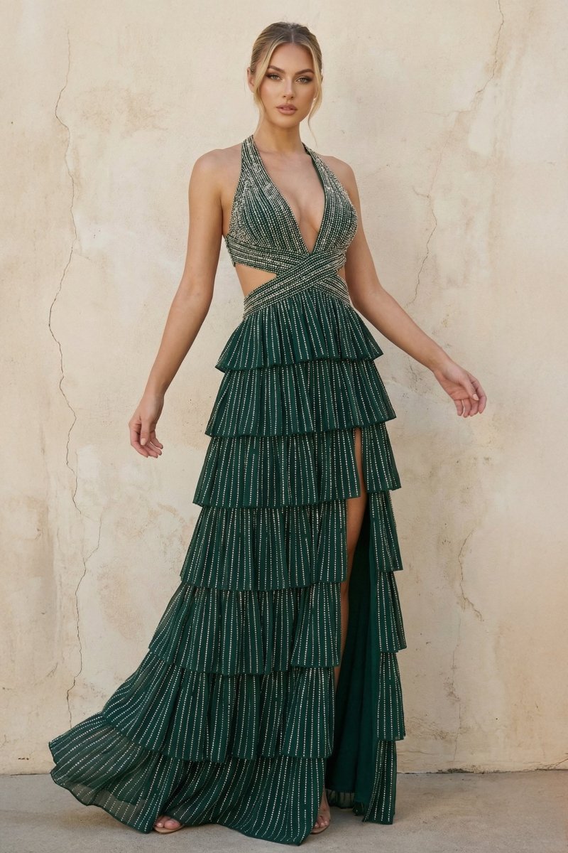 Dark Green - A-Line Halter Satin Beaded Long Prom Dresses With Ruffles