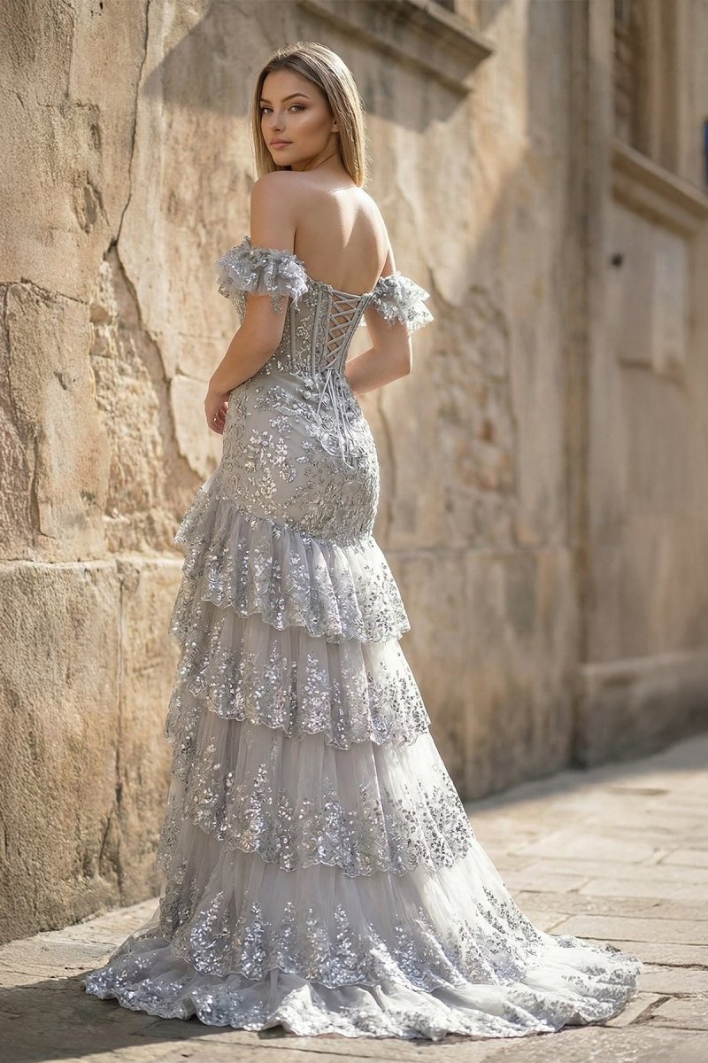 Sheath Off the Shoulder Long Lace Prom Dress (Lace-up Back)