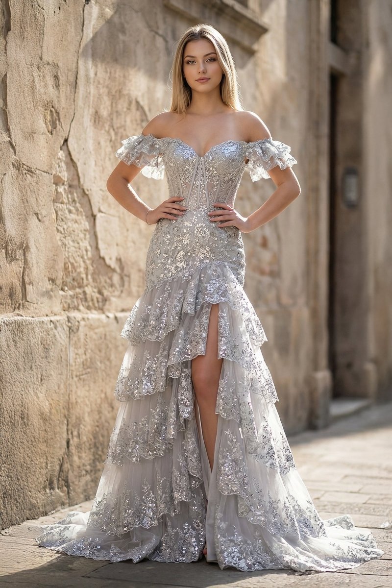 Sheath Off the Shoulder Long Lace Prom Dress (Lace-up Back)