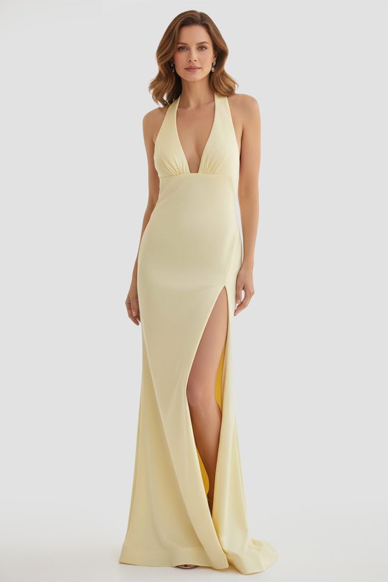 Mermaid Deep Halter Yellow Satin Long Prom Dresses with Slit