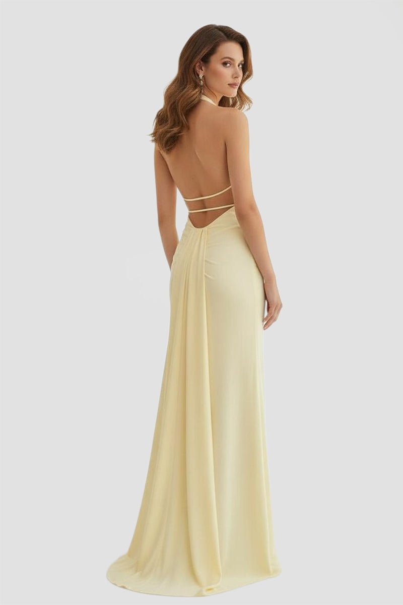 Mermaid Deep Halter Yellow Satin Long Prom Dresses with Slit