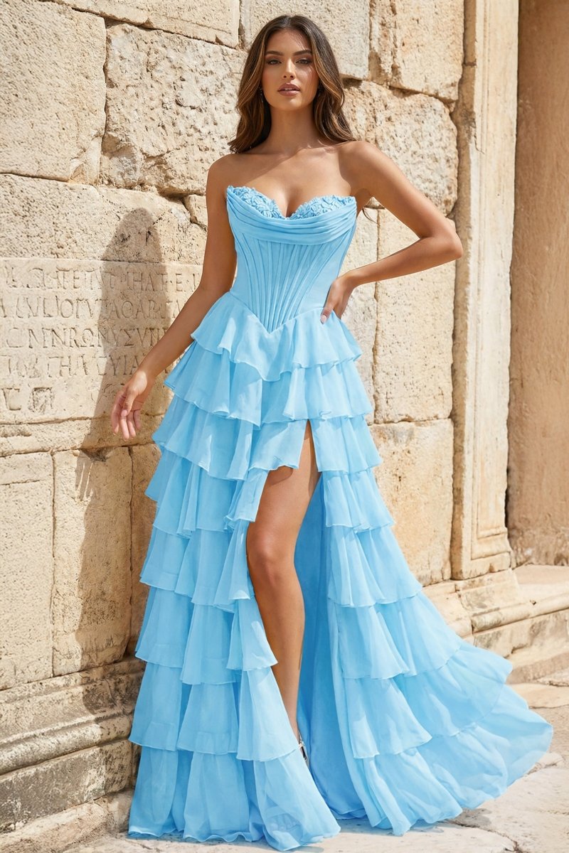 Strapless A-Line Ruffle Long Prom Dress With Split