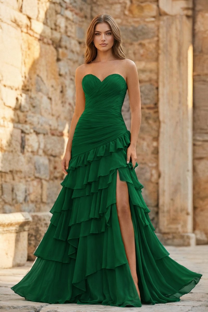 Ruched Ruffle Fitted Yellow Long Prom Dress with Slit