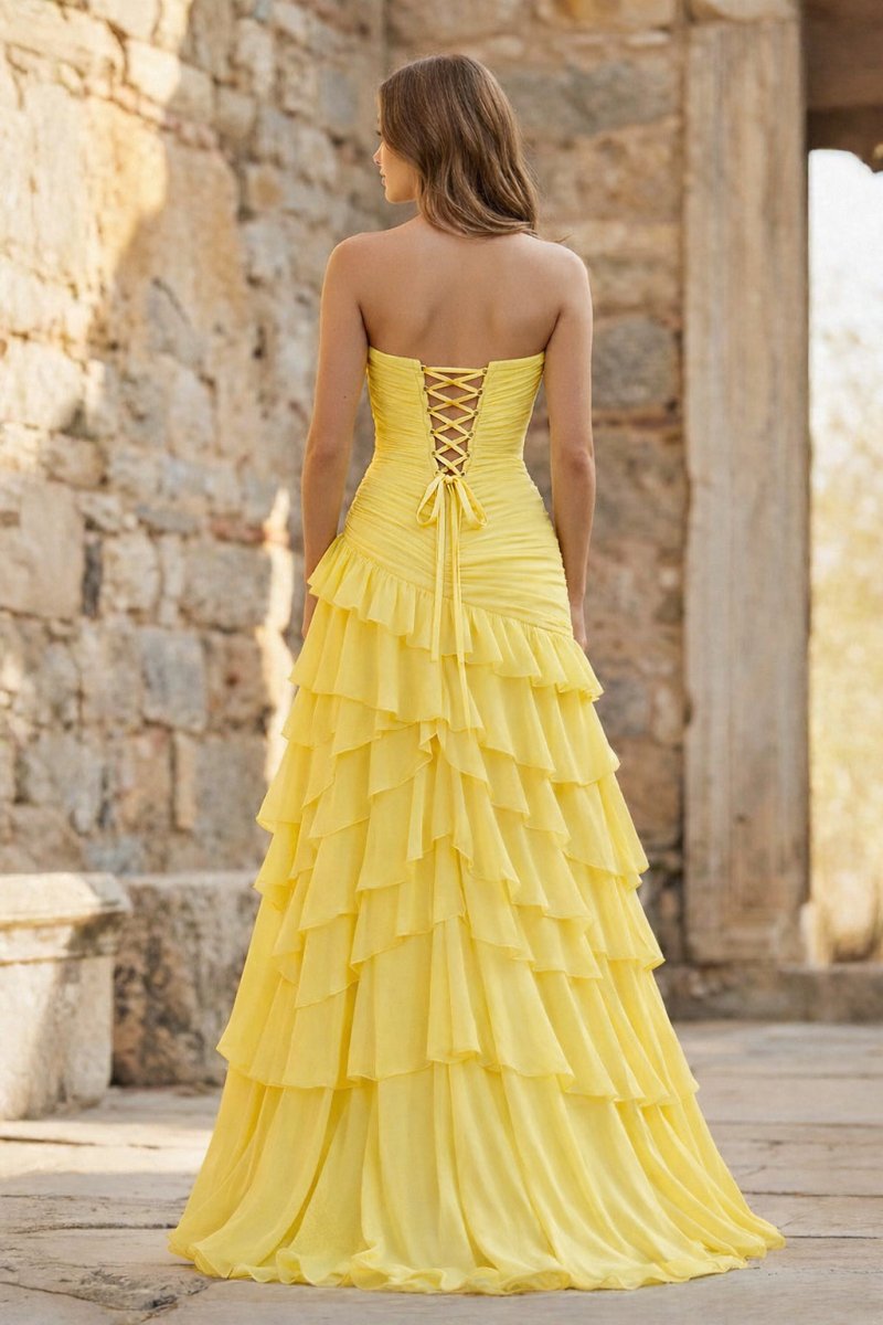 Ruched Ruffle Fitted Yellow Long Prom Dress with Slit