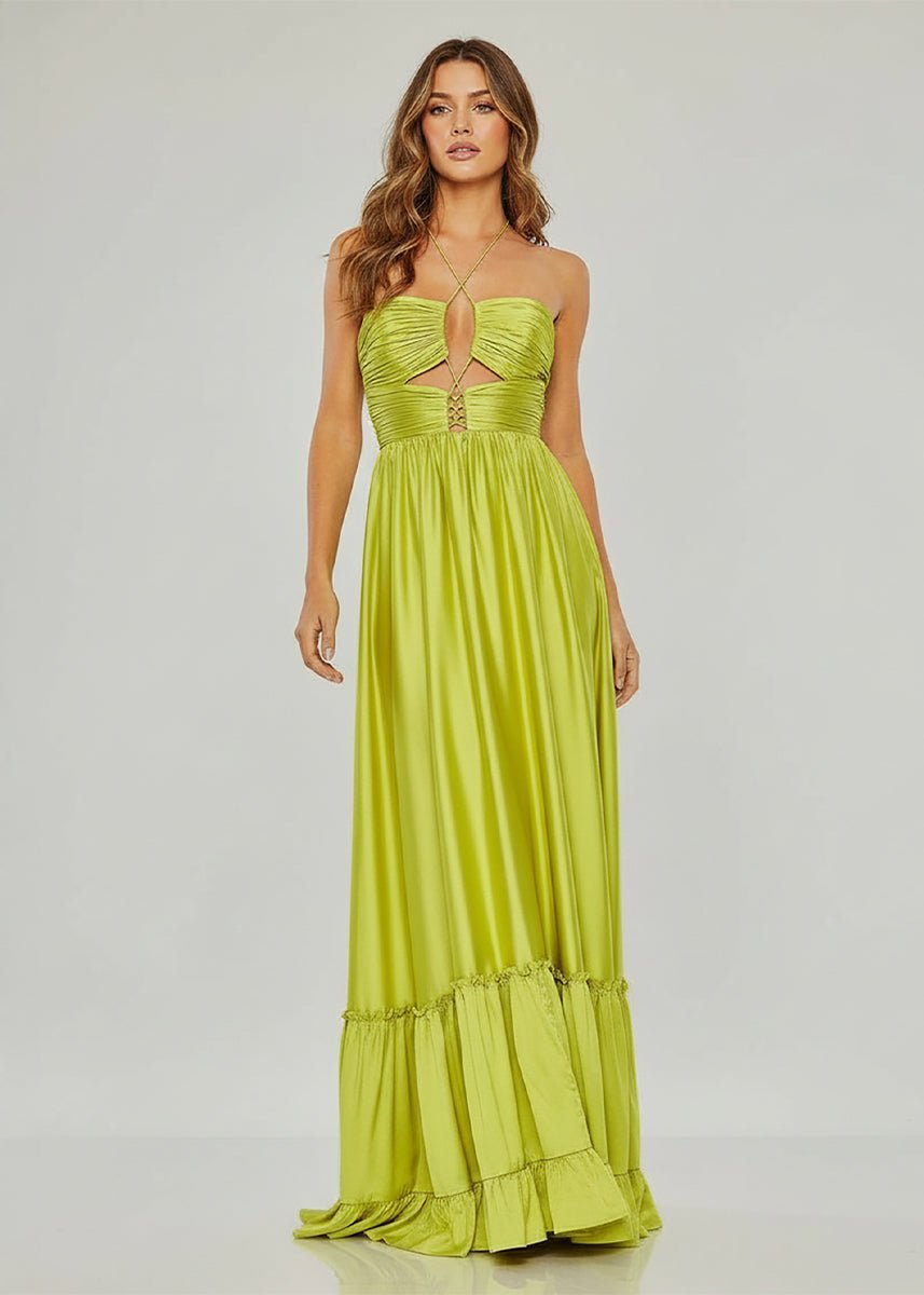 Criss-cross Chartreuse Ruched A-line Halter Sleeveless Long Prom Dress