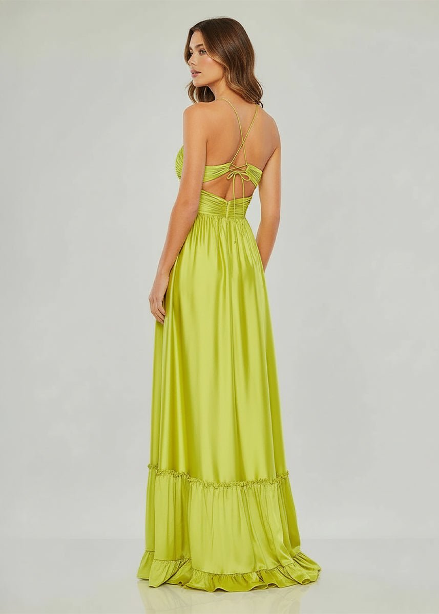Criss-cross Chartreuse Ruched A-line Halter Sleeveless Long Prom Dress
