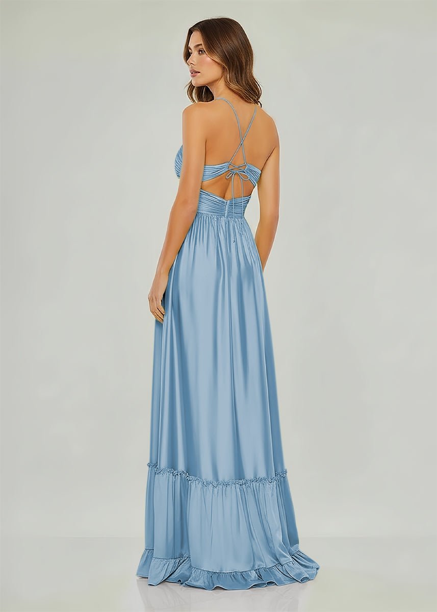 Criss-cross Chartreuse Ruched A-line Halter Sleeveless Long Prom Dress