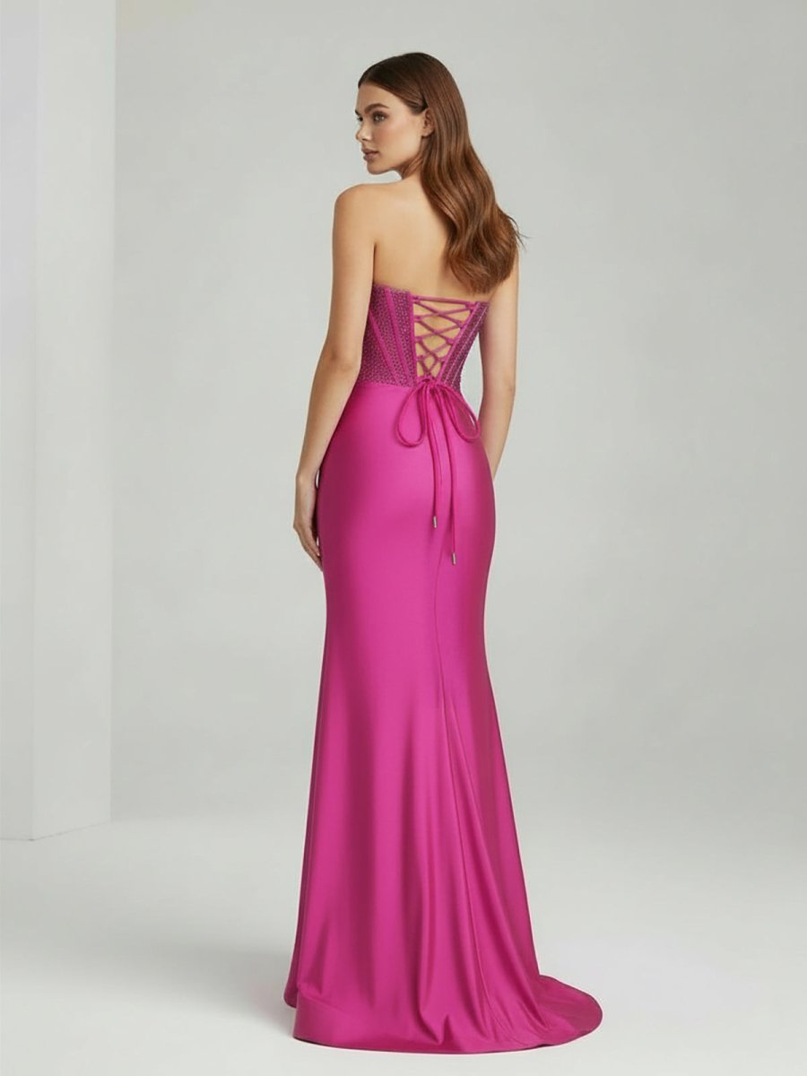White Mermaid Strapless Satin Long Prom Dresses With Beading
