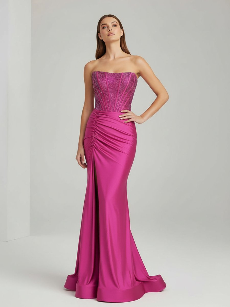 White Mermaid Strapless Satin Long Prom Dresses With Beading