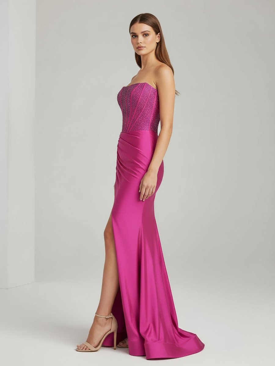 White Mermaid Strapless Satin Long Prom Dresses With Beading