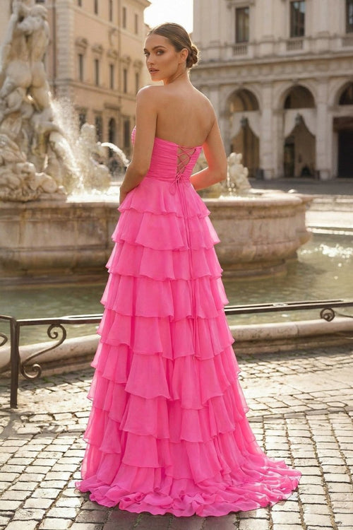 Chiffon Fuchsia Sweetheart Tiered Ruffles Prom Dress with Slit