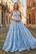 Cute A Line Spaghetti Straps Light Blue Glitter Organza Satin Prom Dress
