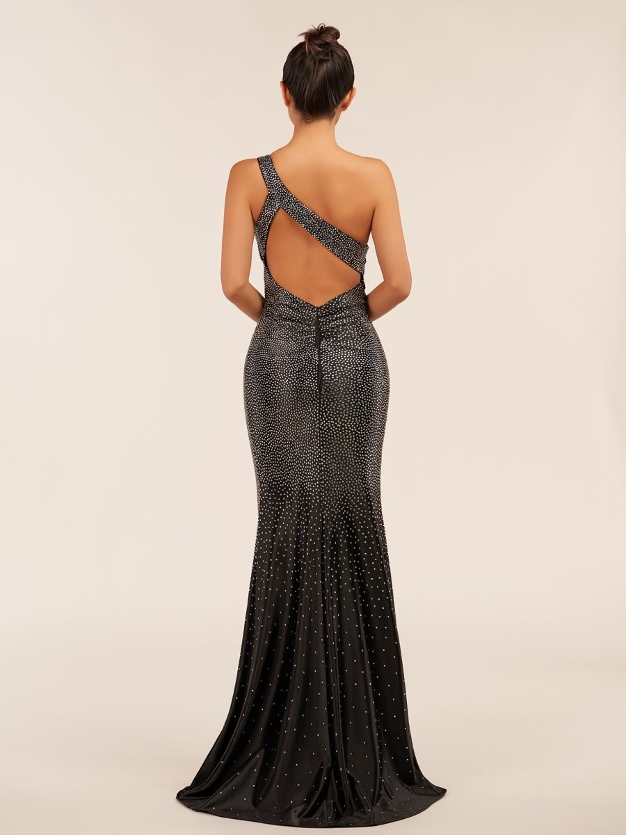 Black One Shoulder Sheath Beaded Prom Dress With Split
