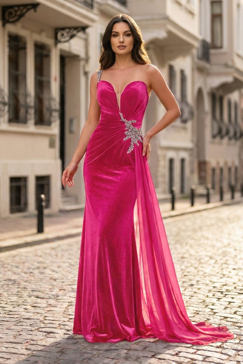 Black Rhinestone One Shoulder A Line Prom Dress with Slit