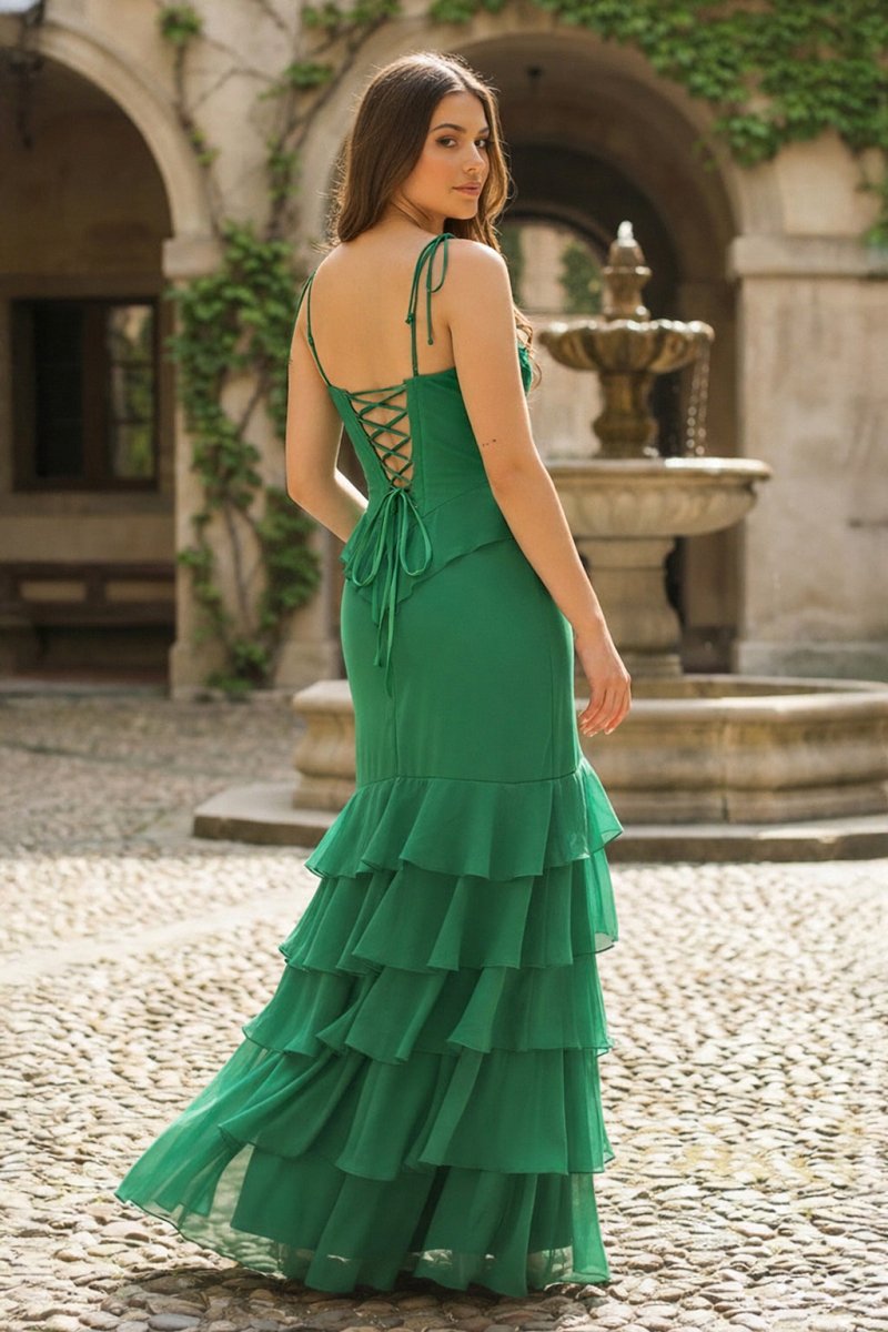 Tie Shoulder Red Mermaid Ruffle Tiered Long Prom Dress with Slit