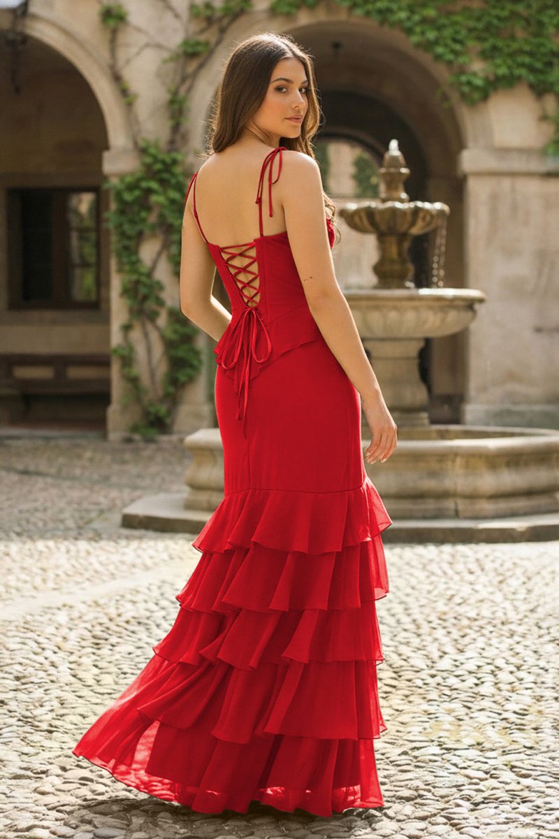 Tie Shoulder Red Mermaid Ruffle Tiered Long Prom Dress with Slit