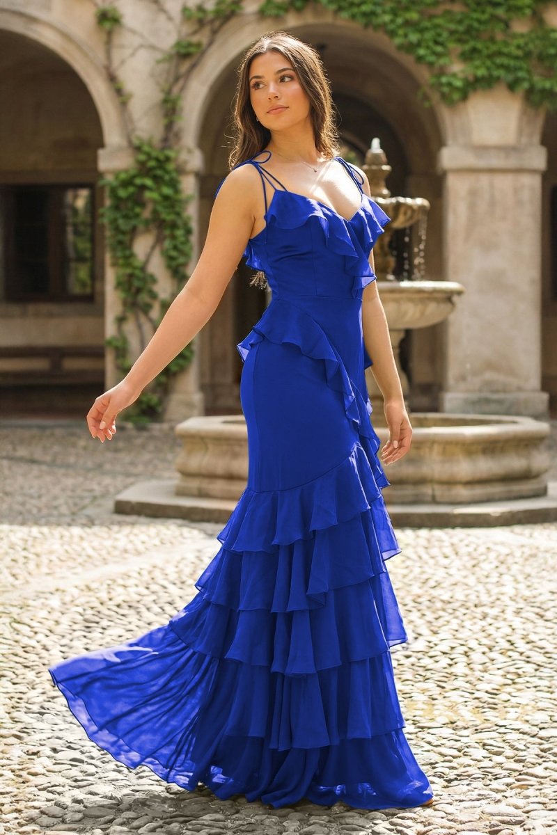 Tie Shoulder Red Mermaid Ruffle Tiered Long Prom Dress with Slit