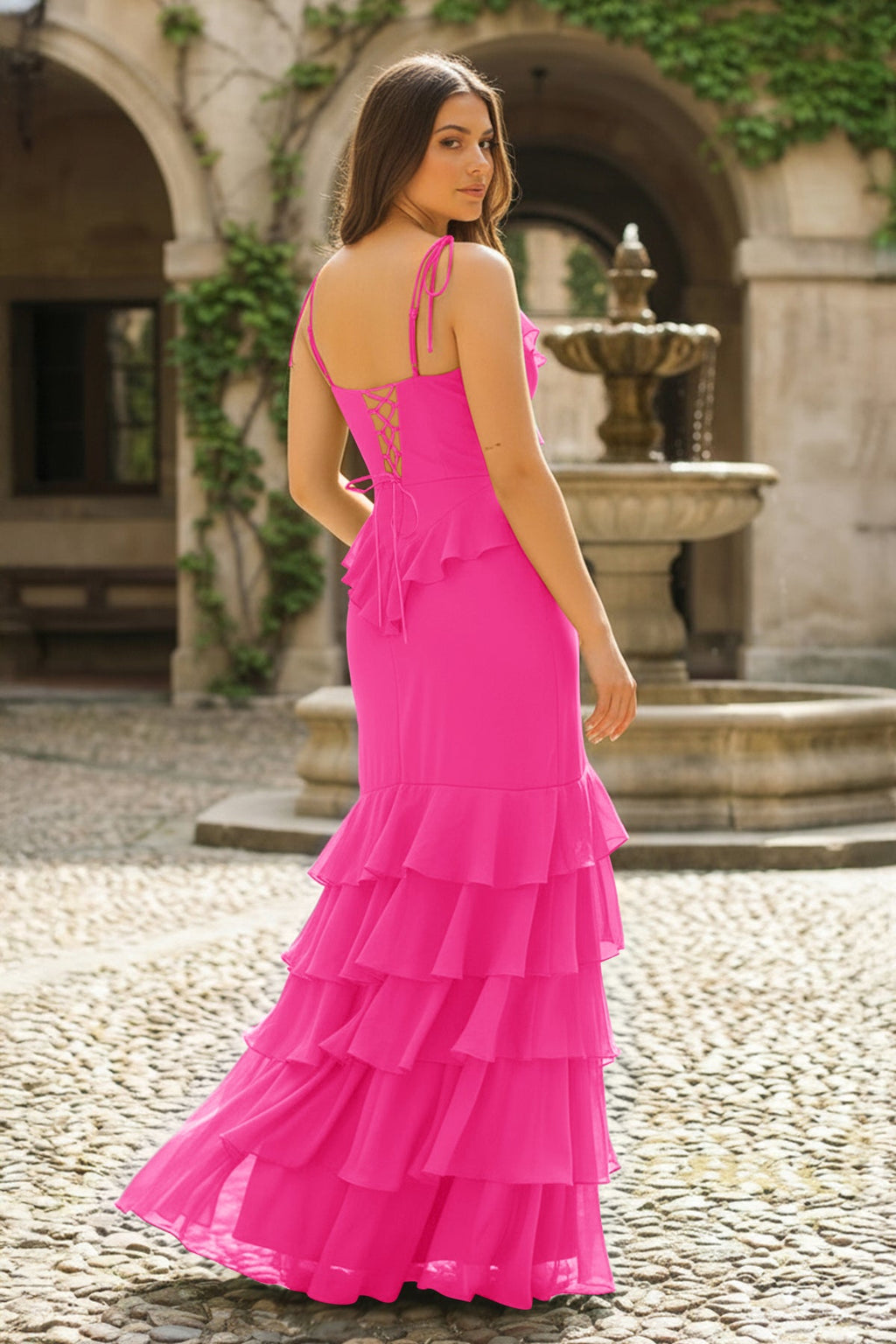 Tie Shoulder Red Mermaid Ruffle Tiered Long Prom Dress with Slit