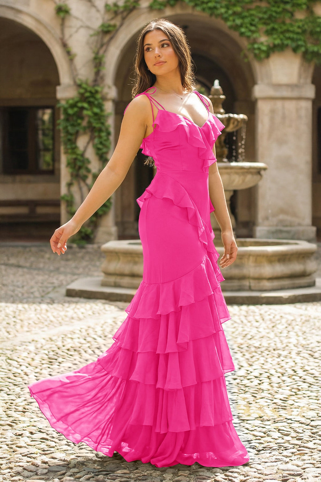 Tie Shoulder Red Mermaid Ruffle Tiered Long Prom Dress with Slit