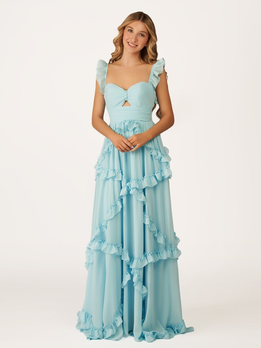 A-Line Straps Sky Blue Chiffon Ruffles Long Prom Dress