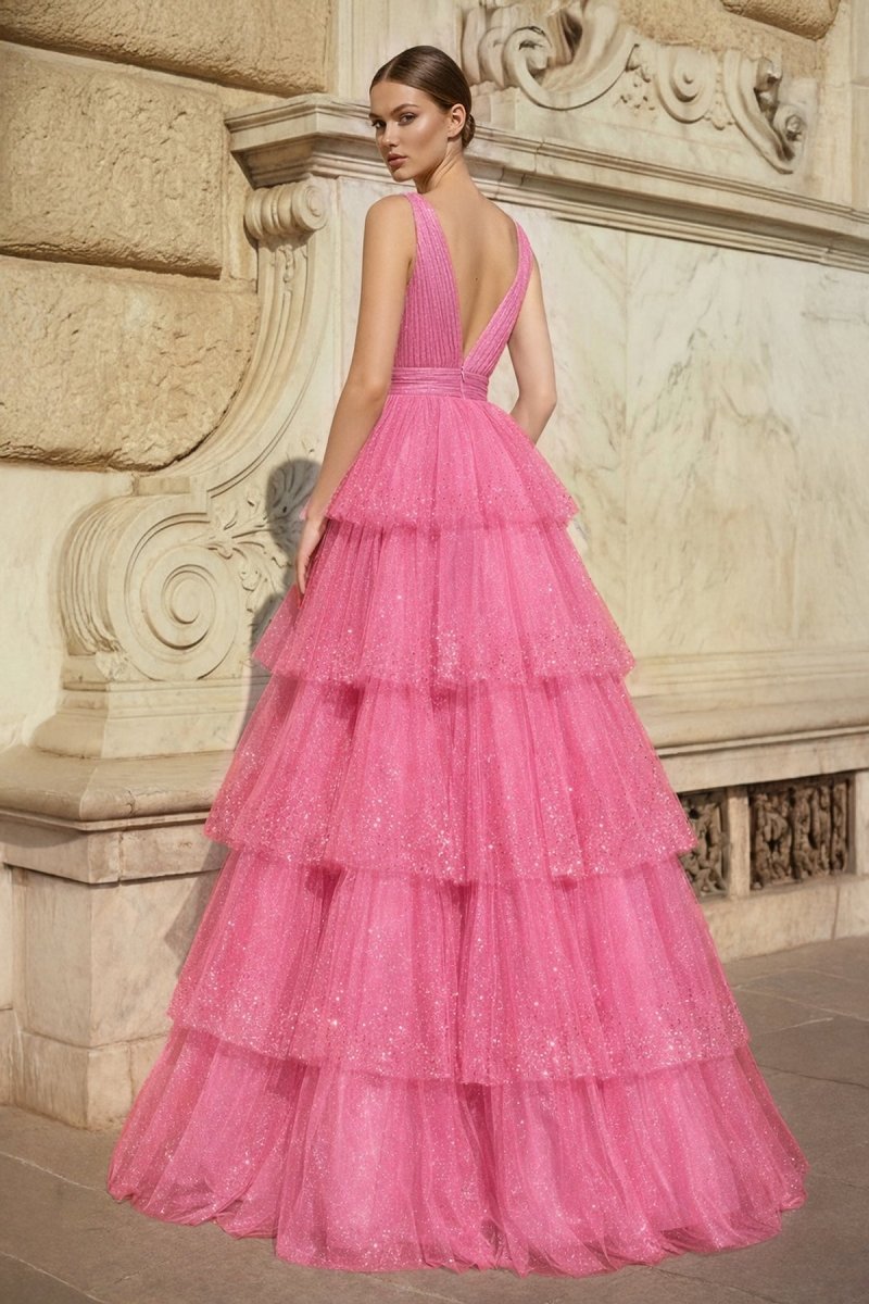 Lavender Tulle Sequin V-Neck Ruffle Tiered Long Prom Dress