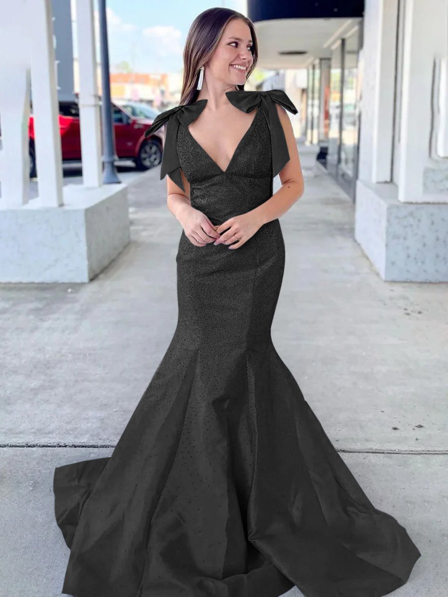 Sky Blue V Neck Mermaid Satin Long Prom Dress With Bow