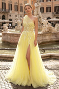 Light Yellow One Shoulder 3D Appliques Beading Long Prom Dress with Slit