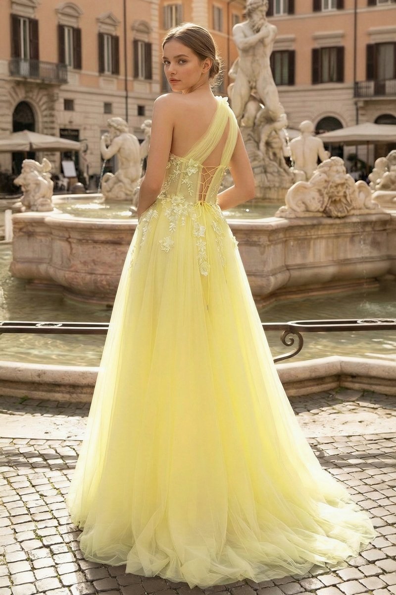 Light Yellow One Shoulder 3D Appliques Beading Long Prom Dress with Slit
