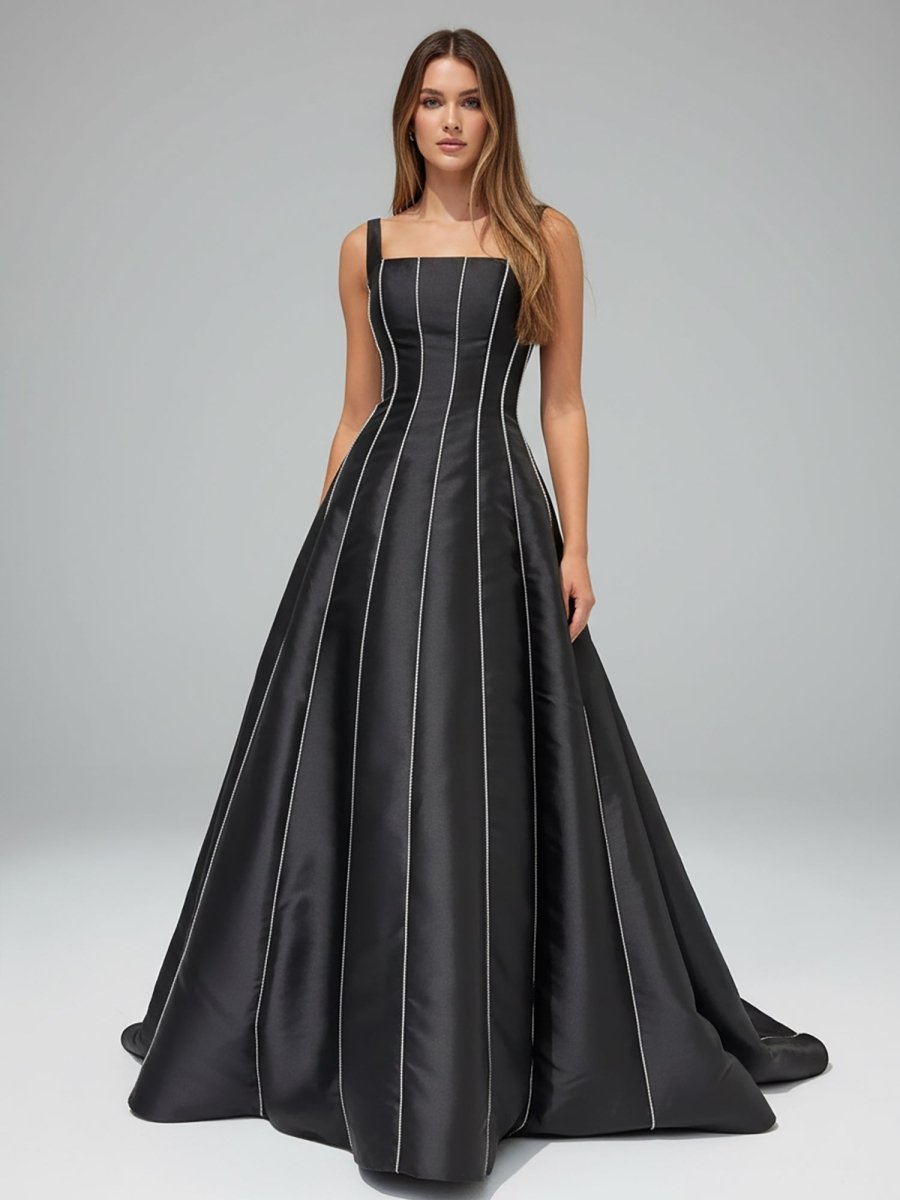 Black A-Line Straps Square Beads Pleated Long Prom Dress