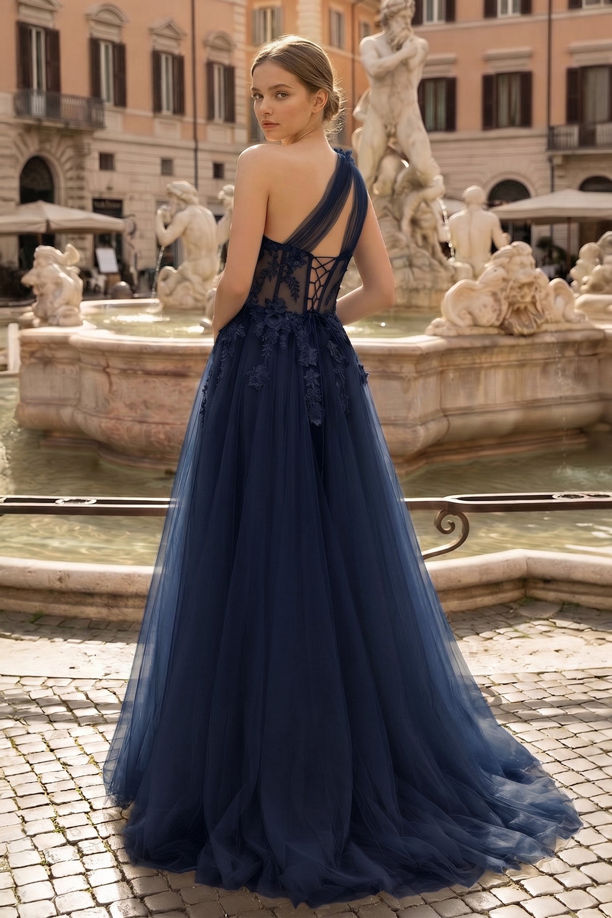 Light Yellow One Shoulder 3D Appliques Beading Long Prom Dress with Slit