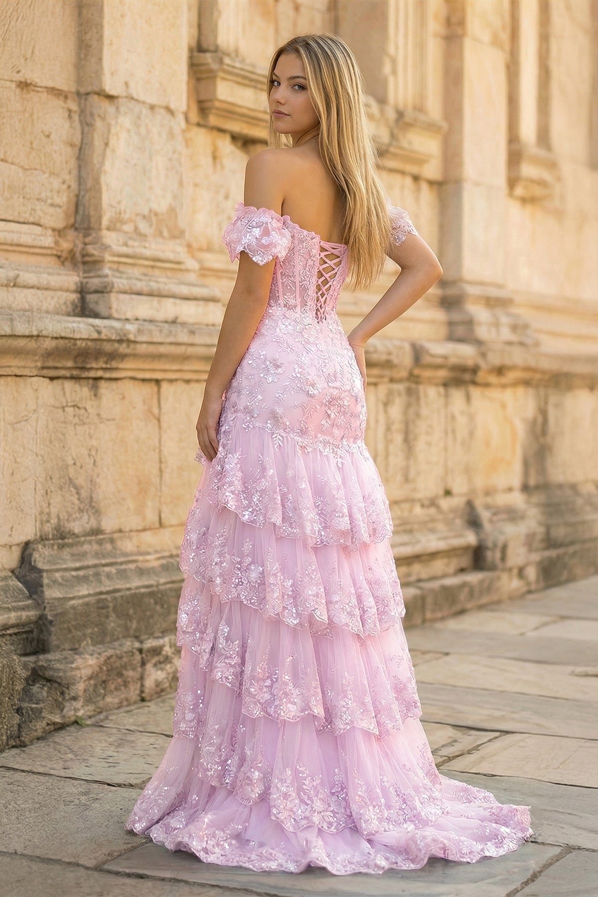 Sheath Off the Shoulder Long Lace Prom Dress (Lace-up Back)