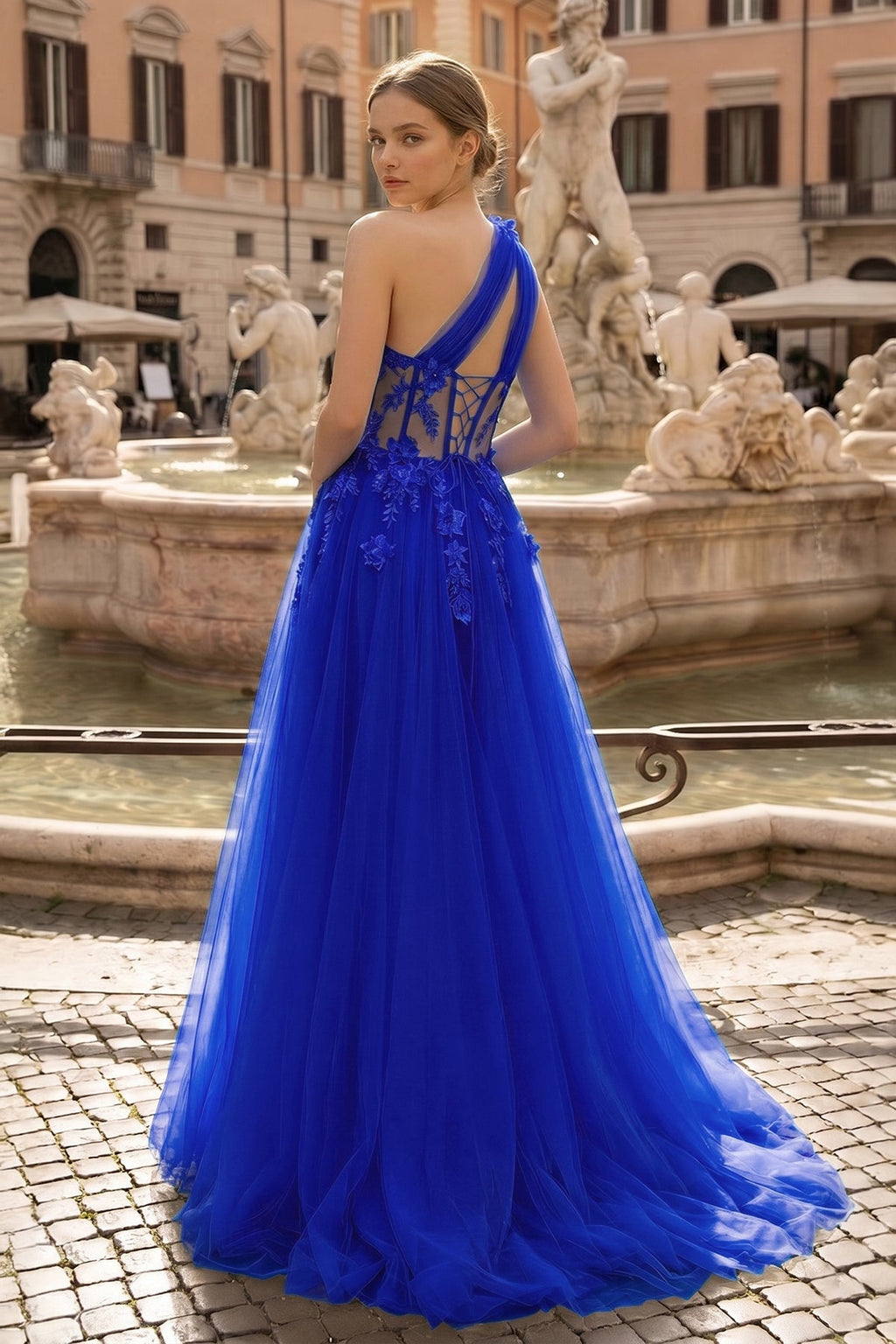 Light Yellow One Shoulder 3D Appliques Beading Long Prom Dress with Slit