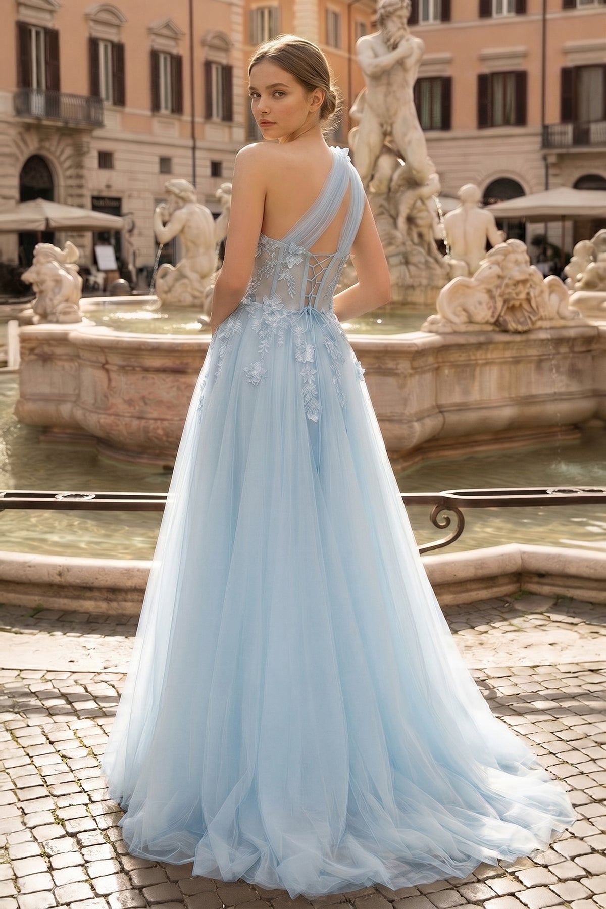 Light Yellow One Shoulder 3D Appliques Beading Long Prom Dress with Slit