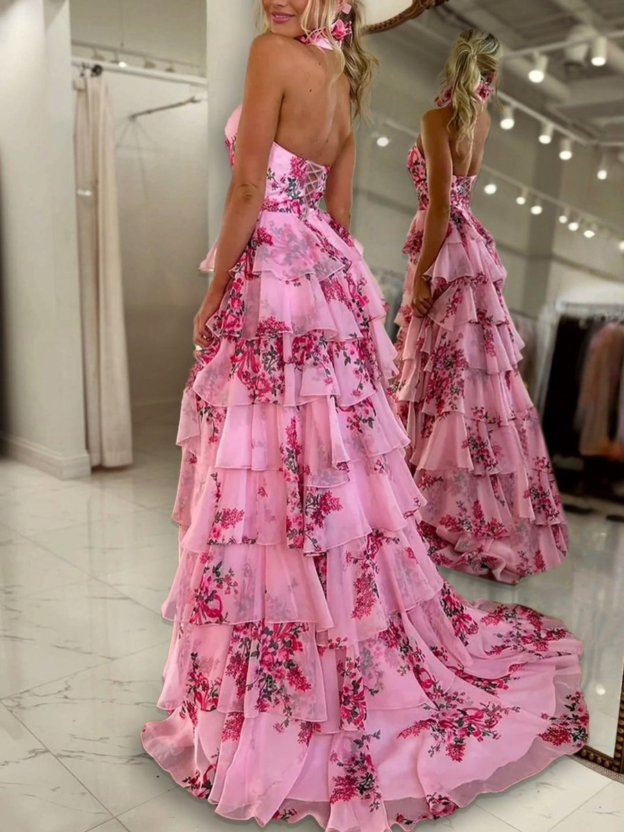 Pink A Line Hatler Floral Chiffon Tiered Long Prom Dress