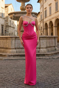 Hot Pink One Shoulder Rhinestones Pleated Long Prom Dresses