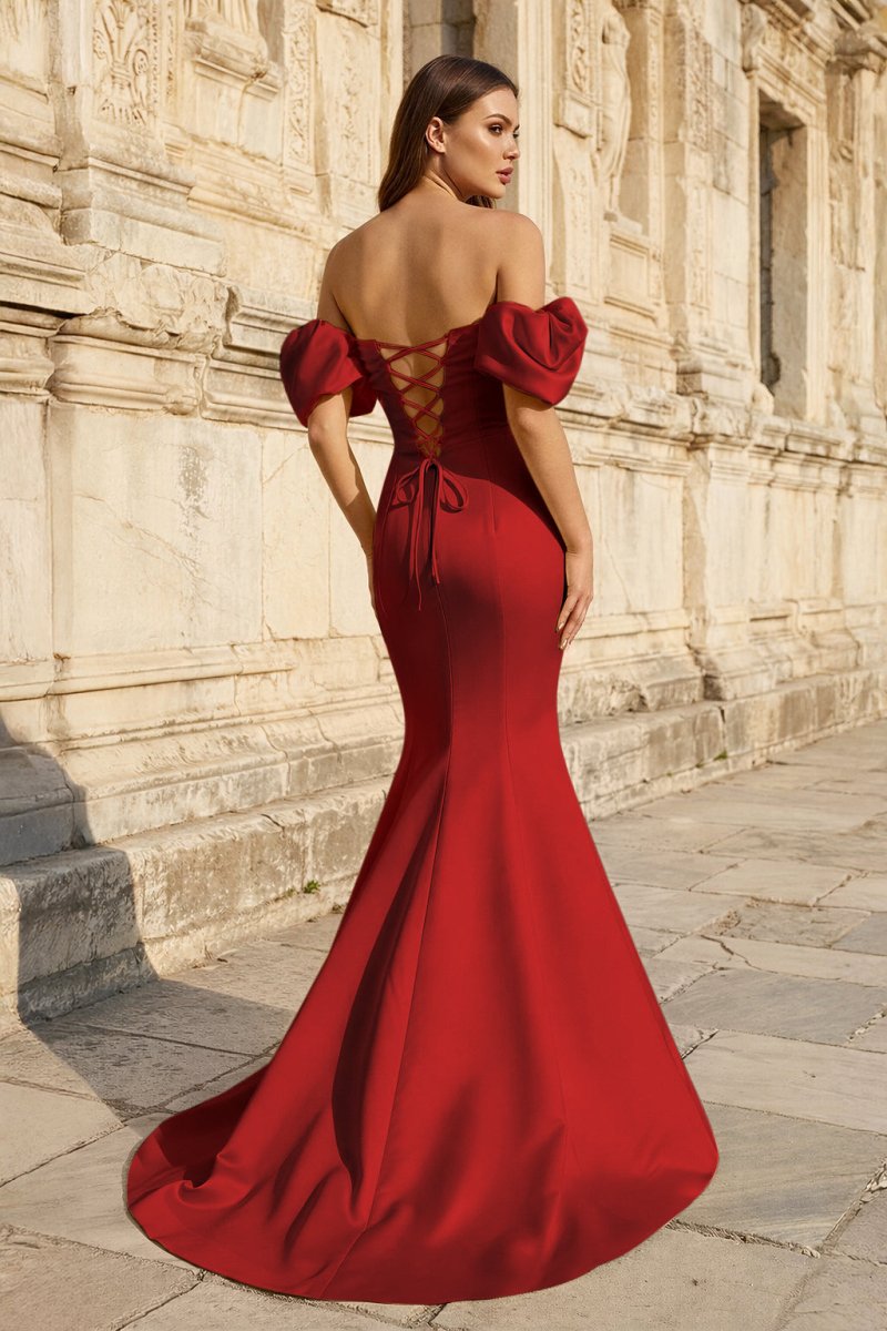 Yellow Satin Off-the-Shoulder Mermaid Pleated Long Formal Prom Dress with Sleeves