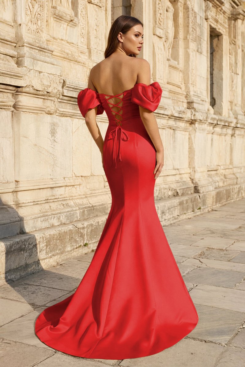 Yellow Satin Off-the-Shoulder Mermaid Pleated Long Formal Prom Dress with Sleeves