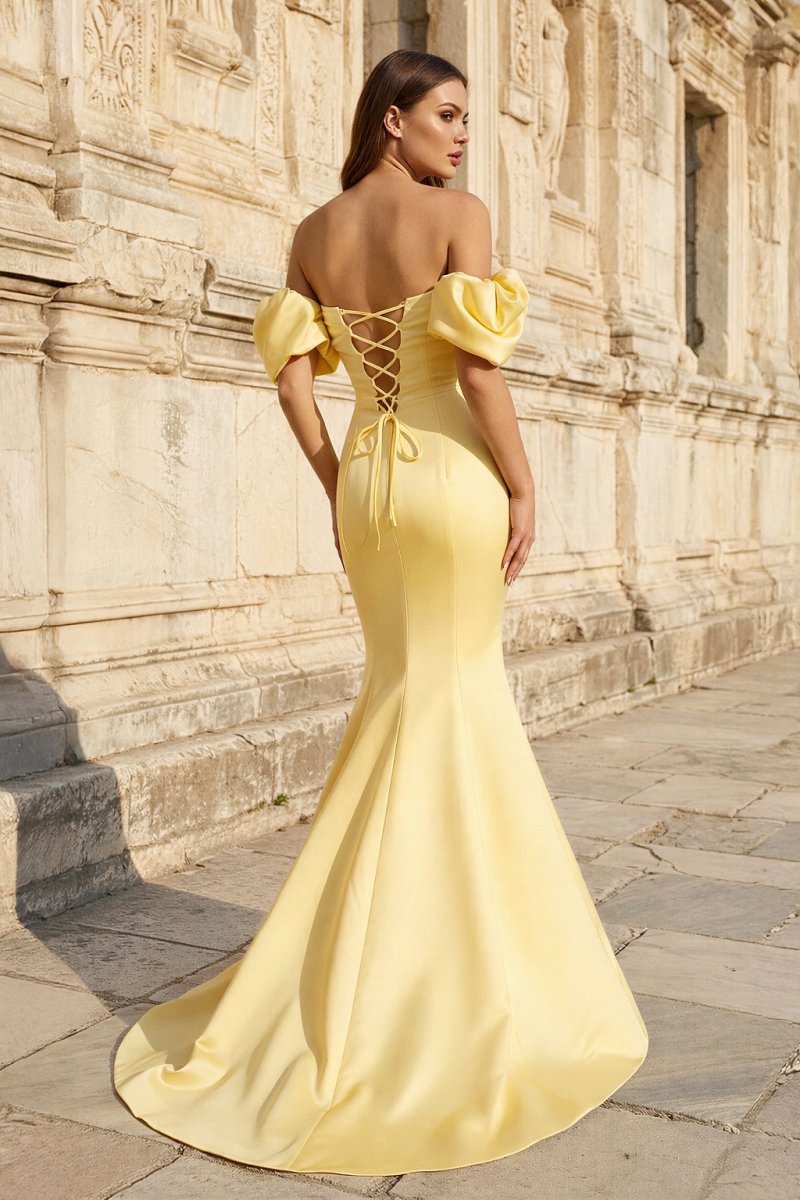 Yellow Satin Off-the-Shoulder Mermaid Pleated Long Formal Prom Dress with Sleeves