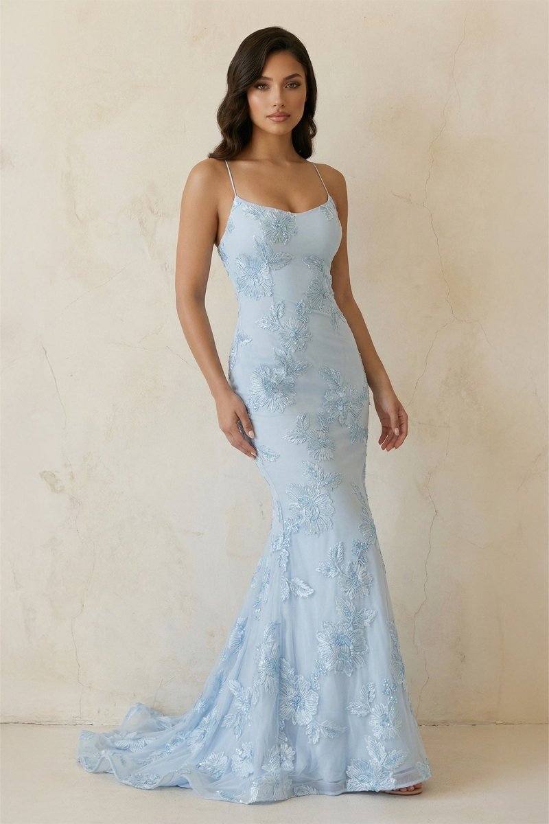 Sky Blue Spaghetti Straps Mermaid Tulle Long Prom Dresses With Appliques