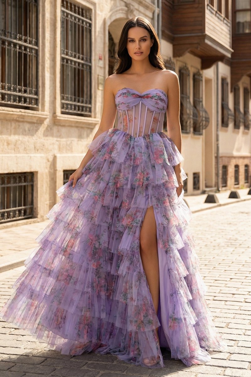 Purple Sweetheart A Line Tulle Printed Ruffle Tiered Prom Dresses With Slit