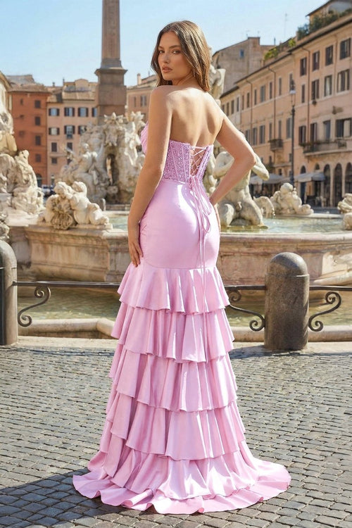 Charming Mermaid Strapless Pink Satin Long Prom Dresses with Appliques